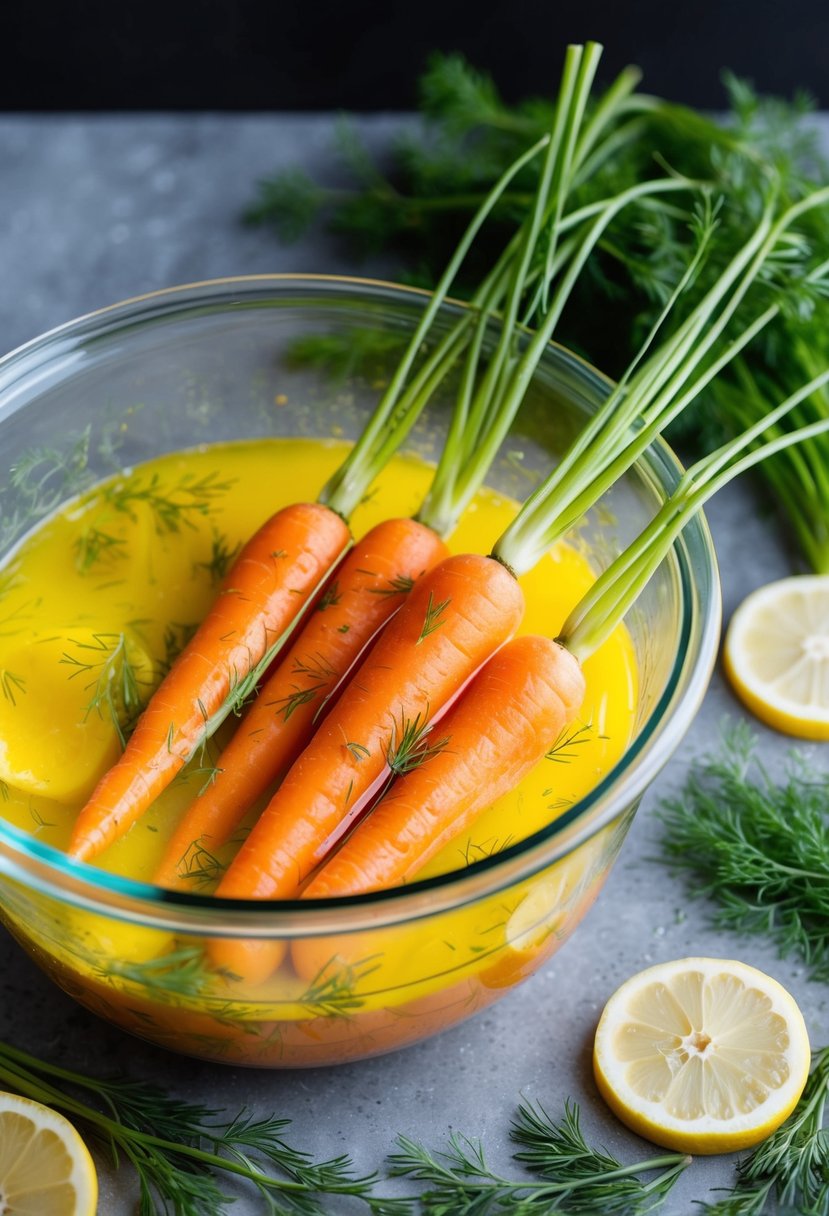 Fresh carrots in a glass bowl, soaking in a vibrant yellow lemon dill marinade, surrounded by scattered dill sprigs and lemon slices