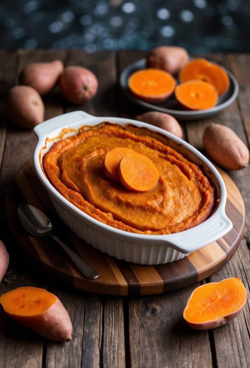 A rustic wooden table with a maple-glazed sweet potato casserole surrounded by fresh maple yams and sweet potatoes