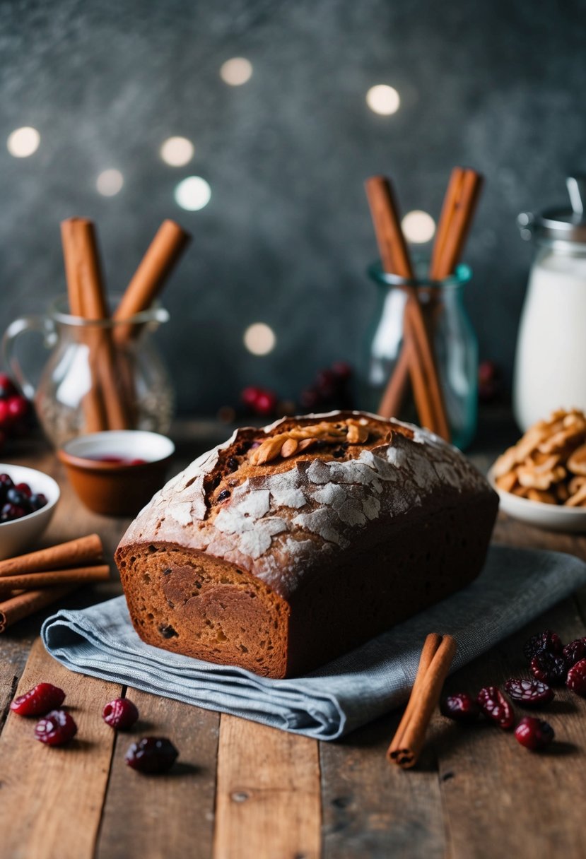 A rustic kitchen counter with a loaf of cranberry walnut sourdough bread, surrounded by winter-themed ingredients like cinnamon sticks and dried cranberries