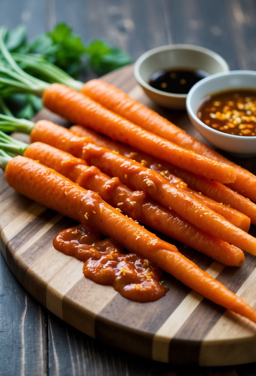 Carrot sticks coated in spicy Sriracha sauce, arranged on a wooden cutting board with a small dish of marinade on the side