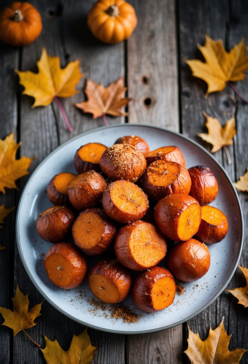 A rustic wooden table with a pile of roasted maple yams sprinkled with cinnamon, surrounded by scattered maple leaves