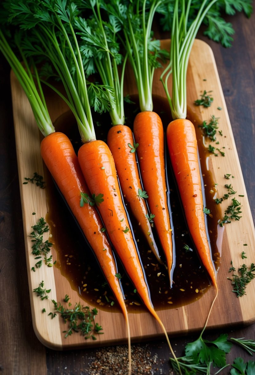 Fresh carrots soaking in a rich maple balsamic marinade, surrounded by scattered herbs and spices on a wooden cutting board