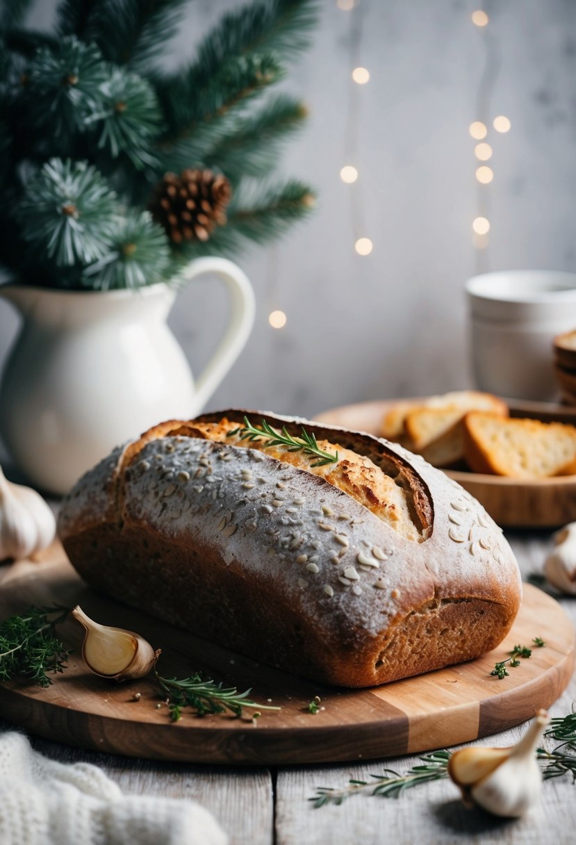 A rustic loaf of sourdough bread with roasted garlic and herbs, surrounded by winter foliage and a cozy kitchen backdrop