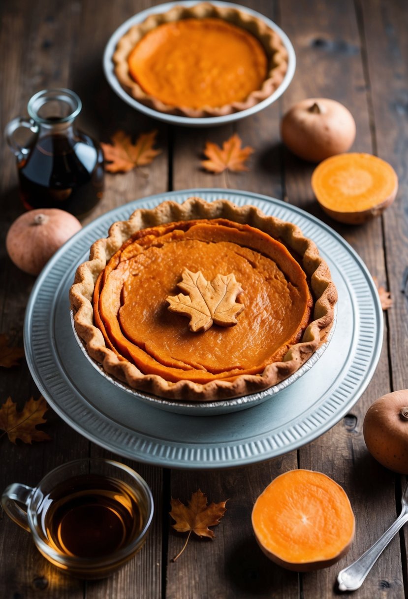 A rustic wooden table with a freshly baked sweet potato and maple syrup pie surrounded by maple yams and sweet potato recipes