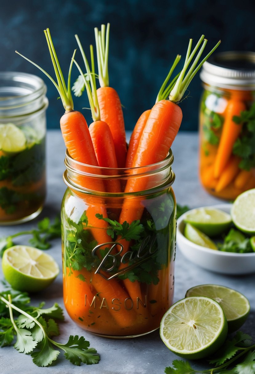 A mason jar filled with vibrant orange carrots, submerged in a tangy cilantro lime marinade, surrounded by fresh cilantro leaves and lime slices