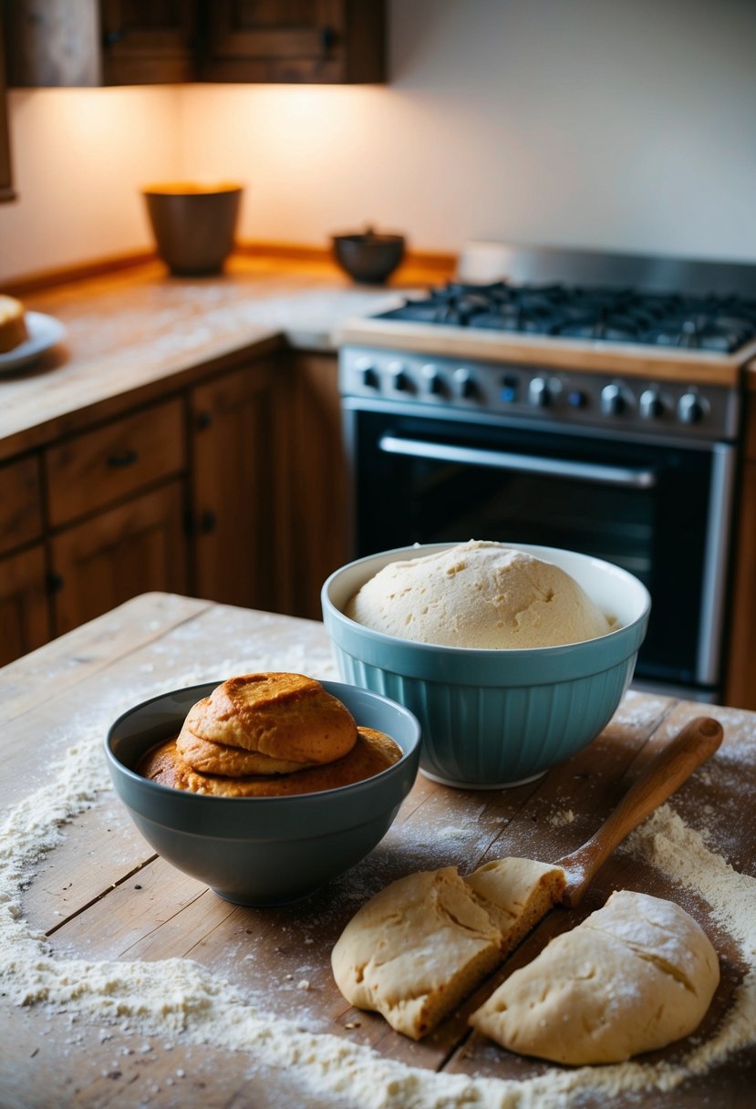 A rustic kitchen with a wooden table covered in flour, a mixing bowl filled with pumpkin spice sourdough dough, and a warm oven in the background