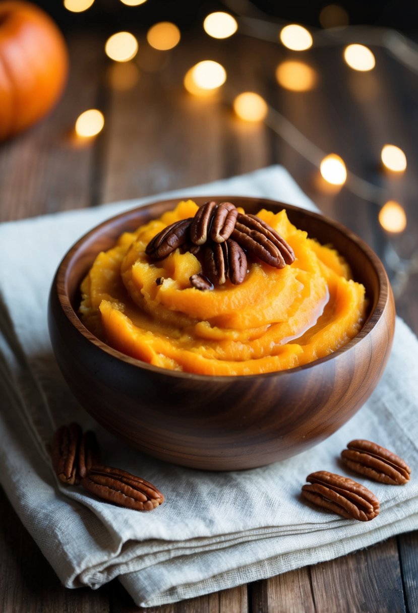 A wooden bowl filled with maple mashed yams topped with pecans