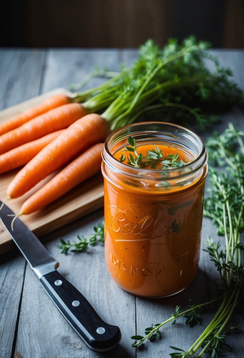 Fresh carrots, thyme sprigs, and a glass jar filled with a vibrant orange marinade. A cutting board and knife sit nearby