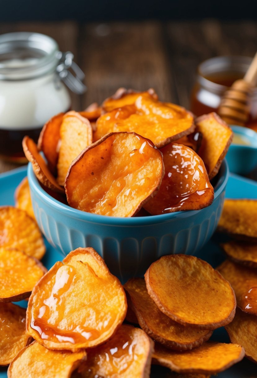 A pile of golden sweet potato chips glistening with a glossy maple and honey glaze