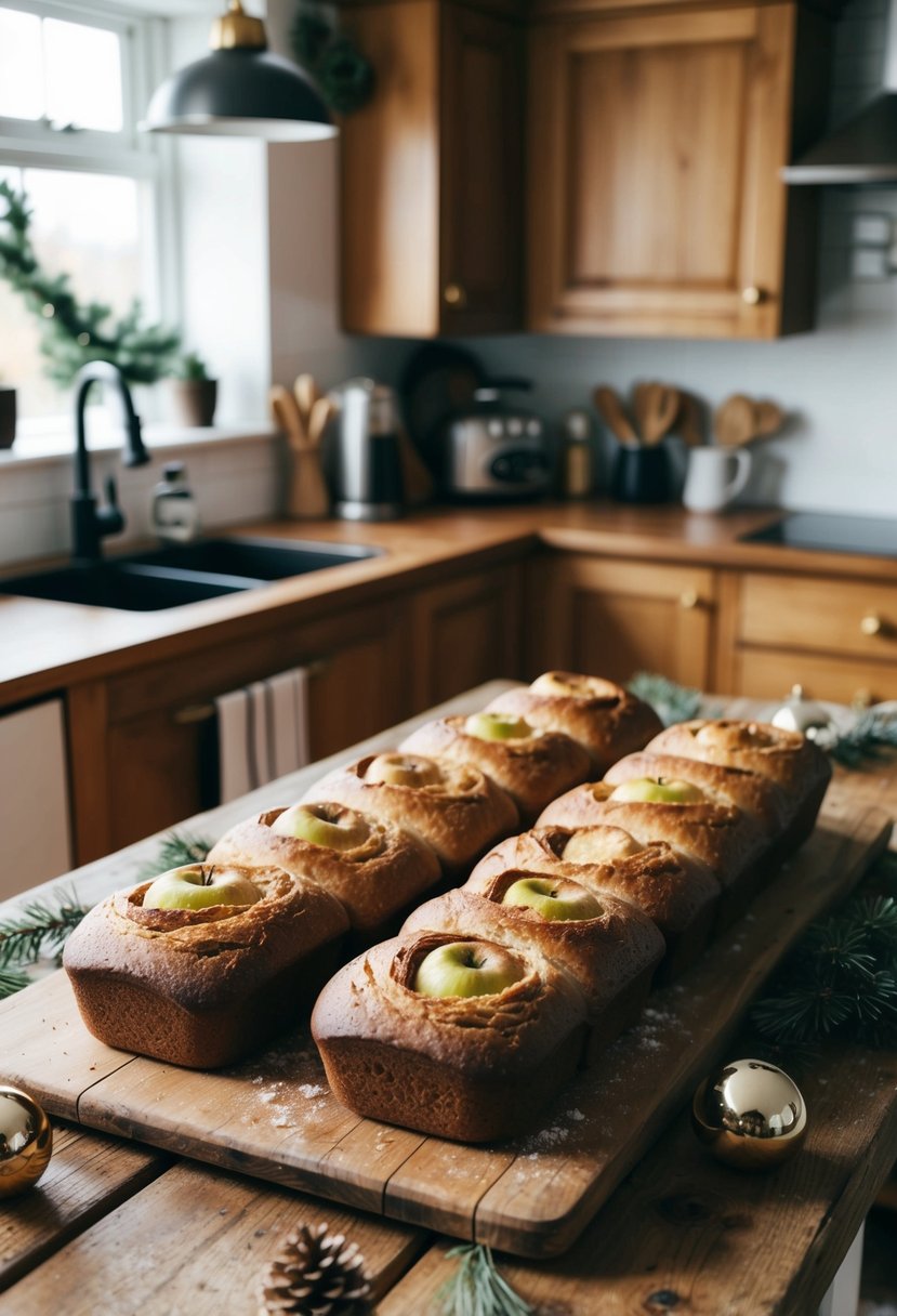 A cozy kitchen with a rustic wooden table covered in freshly baked apple cinnamon sourdough loaves, surrounded by winter decorations