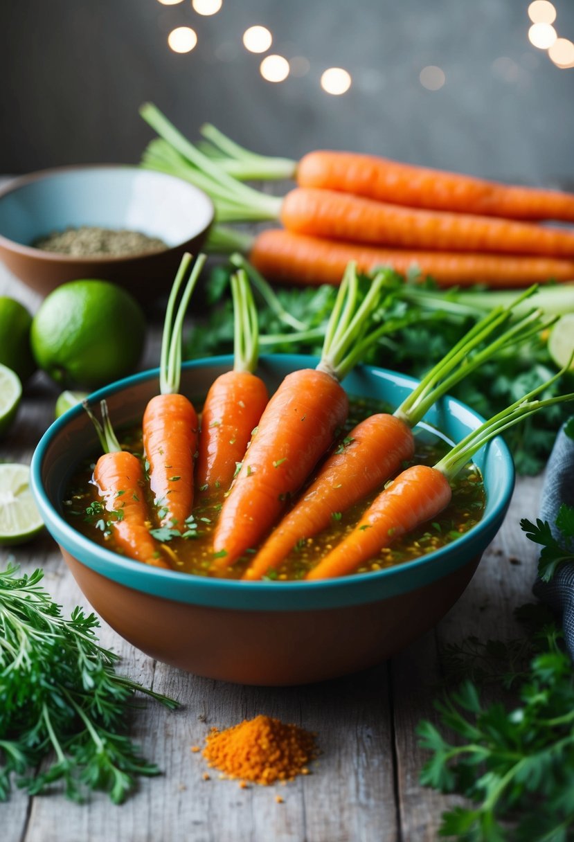 A bowl of carrots soaking in a sweet chili lime marinade, surrounded by fresh herbs and spices