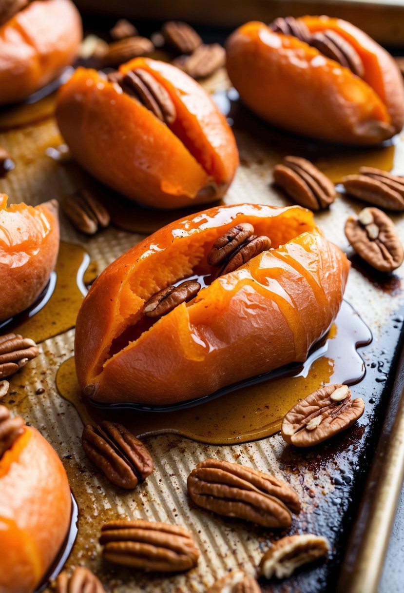 Sweet potatoes coated in sticky maple syrup, glistening on a baking sheet, surrounded by scattered pecans and cinnamon sticks