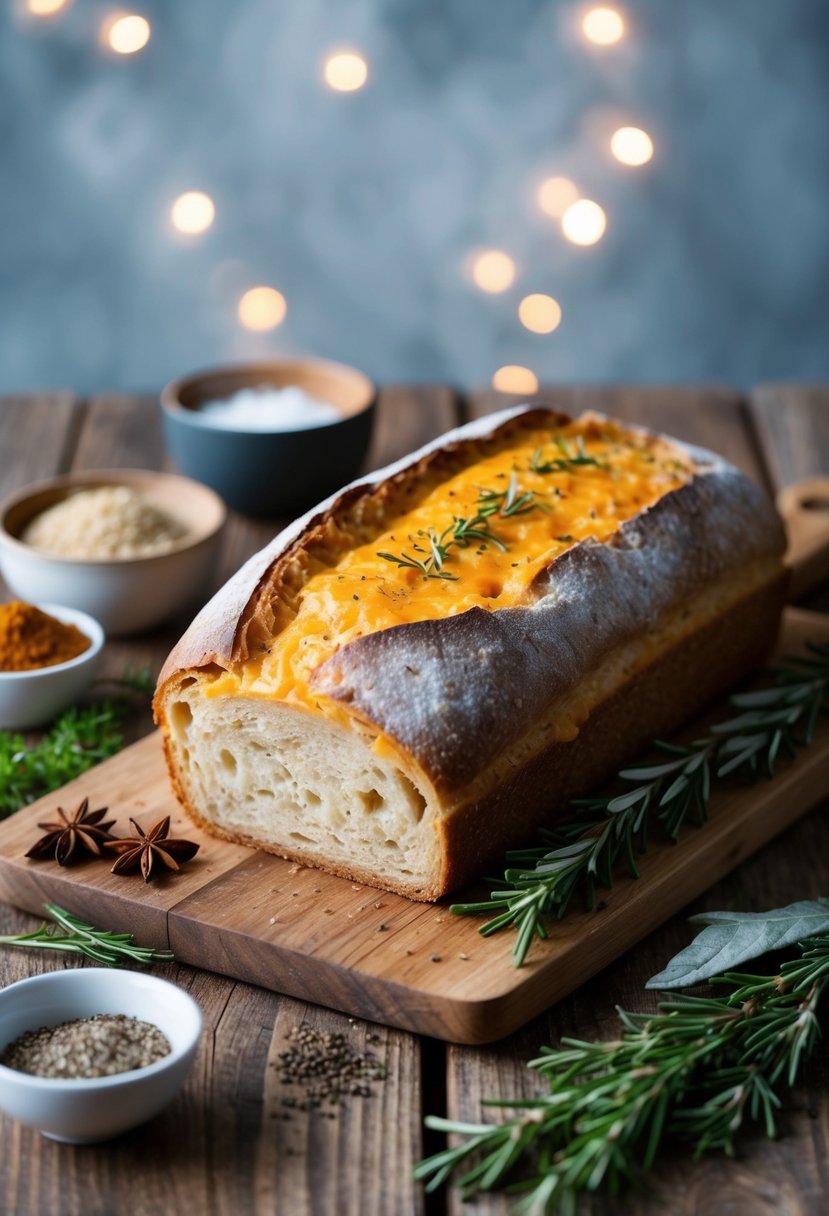 A rustic loaf of cheddar rosemary sourdough sits on a wooden cutting board, surrounded by winter herbs and spices