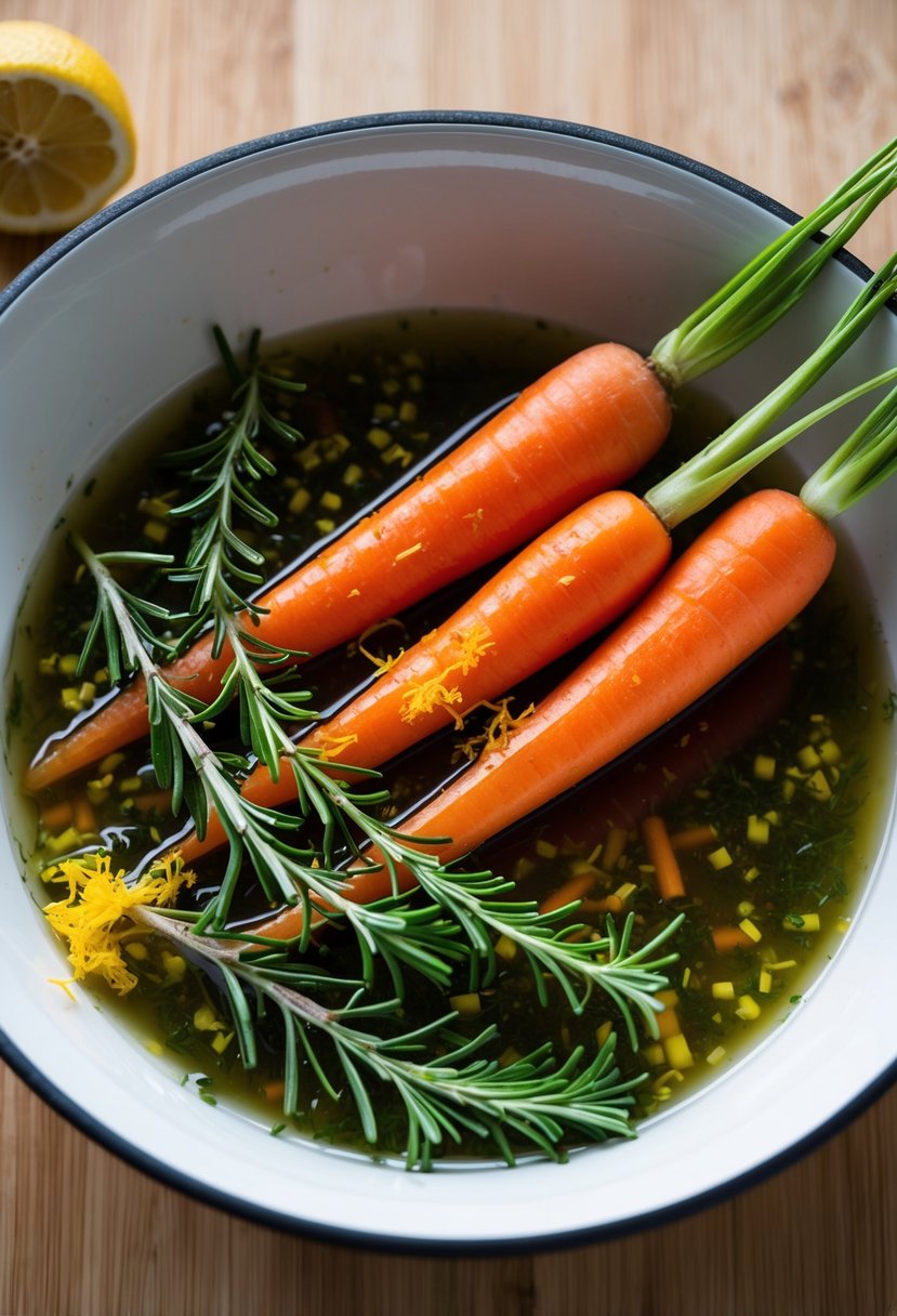 Fresh carrots, rosemary sprigs, and lemon zest in a marinating bowl