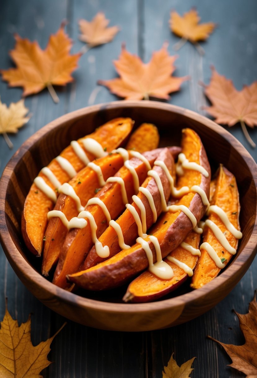 A wooden bowl filled with roasted sweet potatoes, drizzled with maple Dijon dressing, surrounded by scattered maple leaves