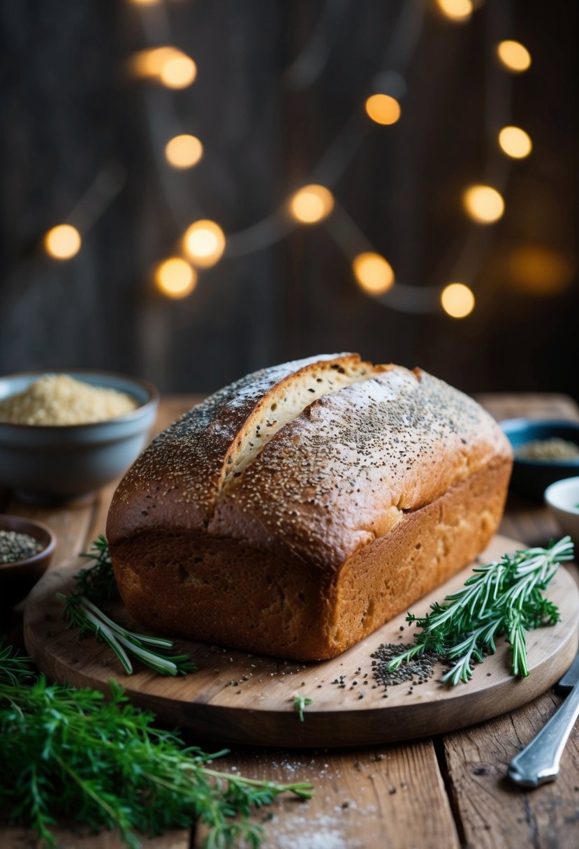 A rustic kitchen table with a freshly baked loaf of onion and poppy seed sourdough bread surrounded by winter herbs and spices