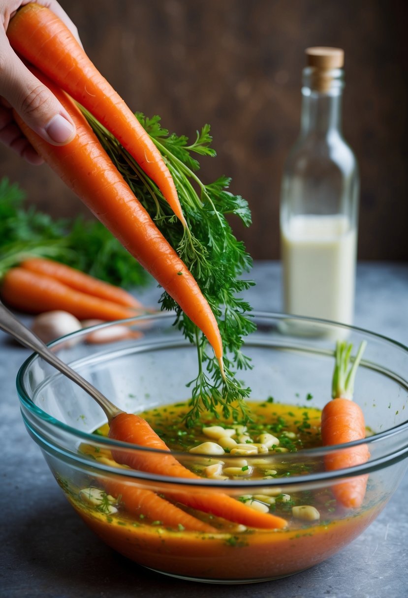 Fresh carrots being marinated in a garlic herb mixture in a glass bowl