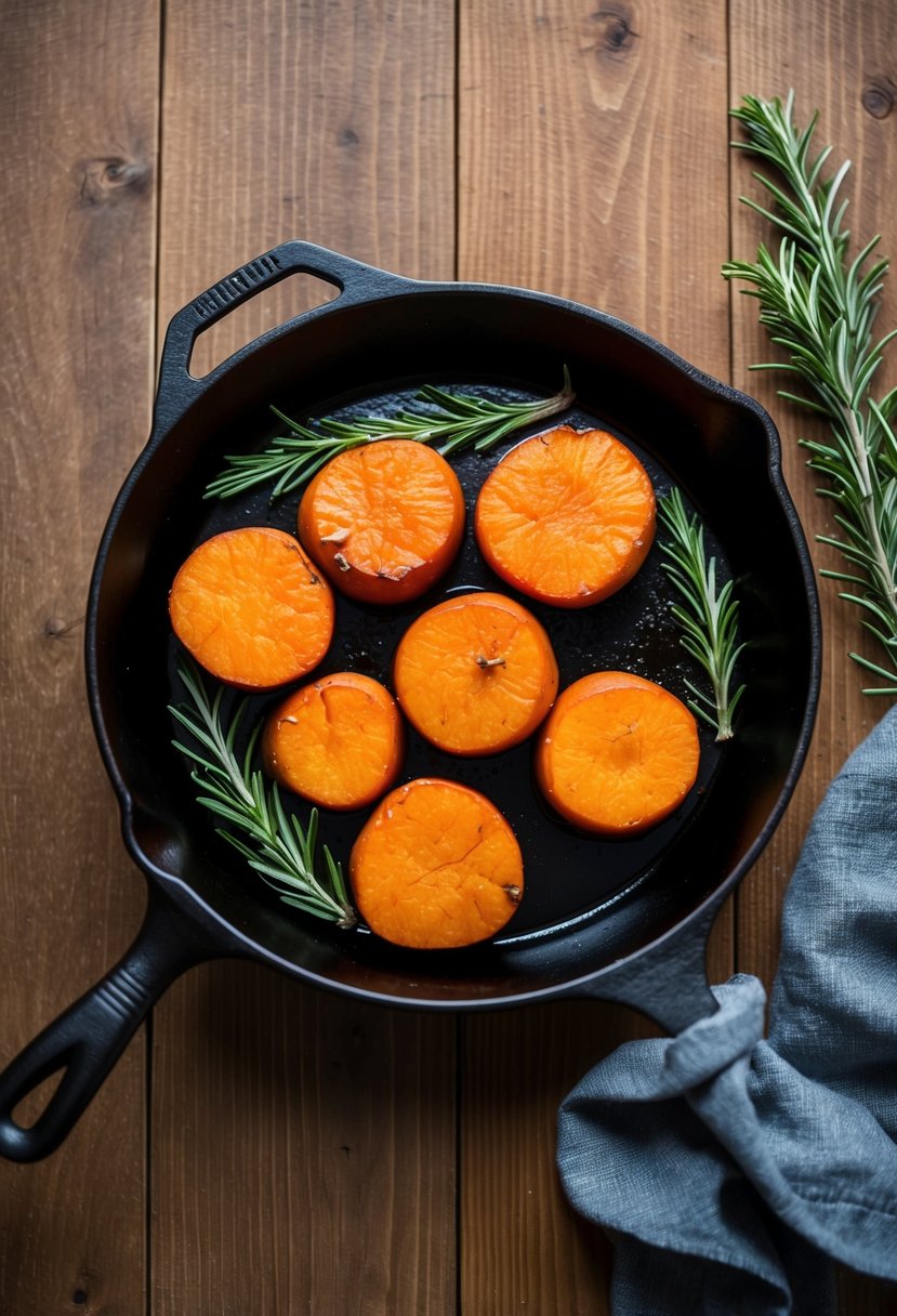 A cast iron skillet filled with maple-glazed yams and sprigs of rosemary