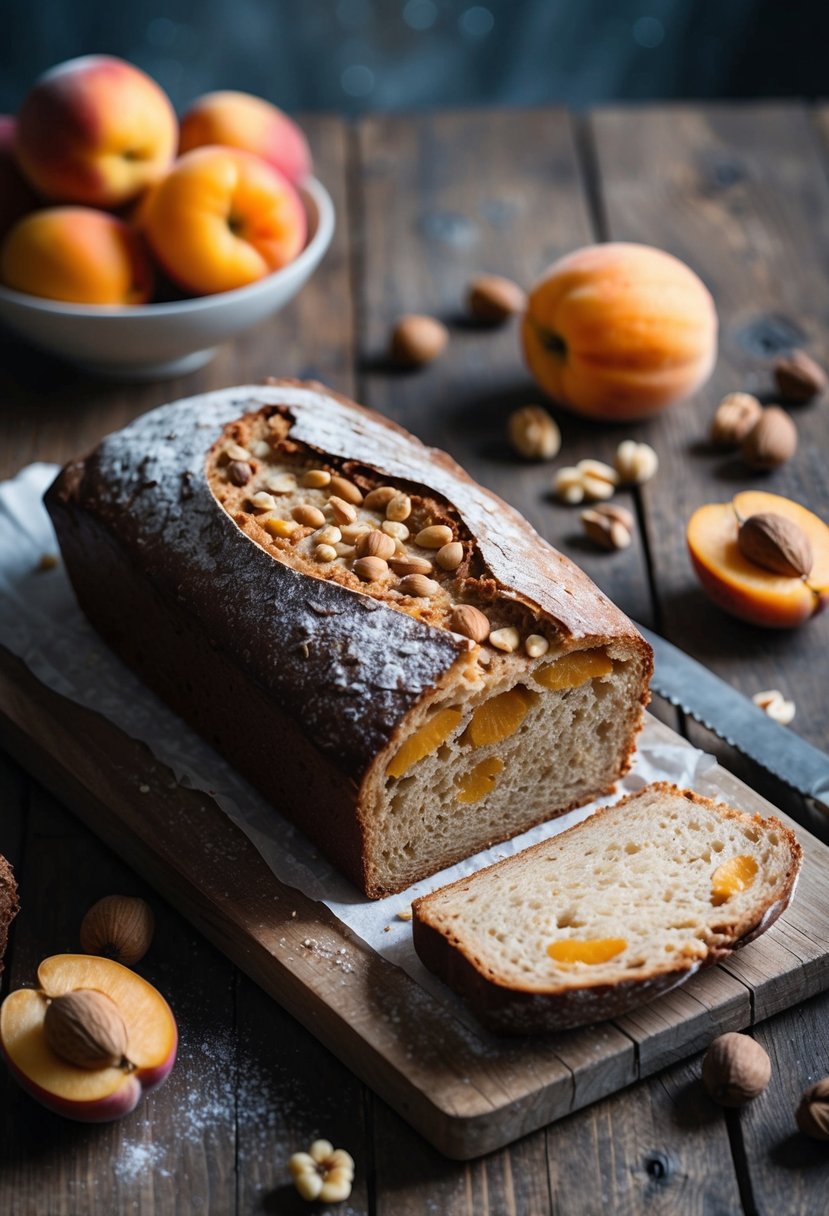 A rustic kitchen table with a loaf of hazelnut apricot sourdough bread, surrounded by winter fruits and nuts