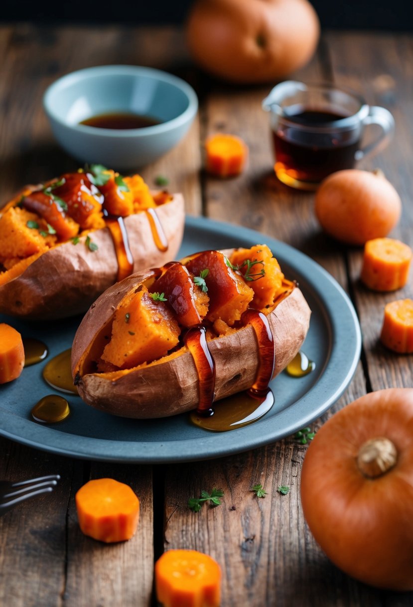 A rustic wooden table with two golden-brown stuffed sweet potatoes drizzled with maple syrup, surrounded by scattered maple yams and sweet potato recipes