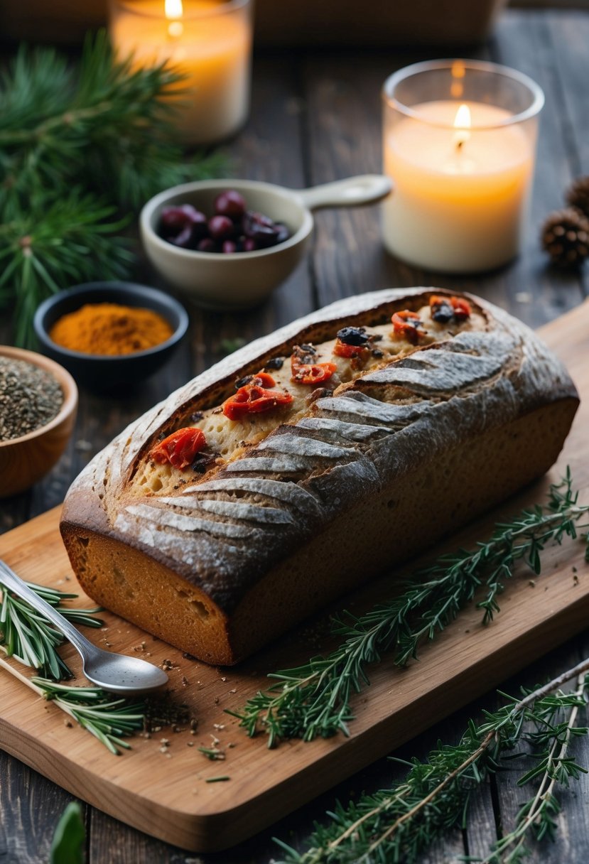 A rustic loaf of olive and sun-dried tomato sourdough sits on a wooden cutting board, surrounded by winter herbs and spices