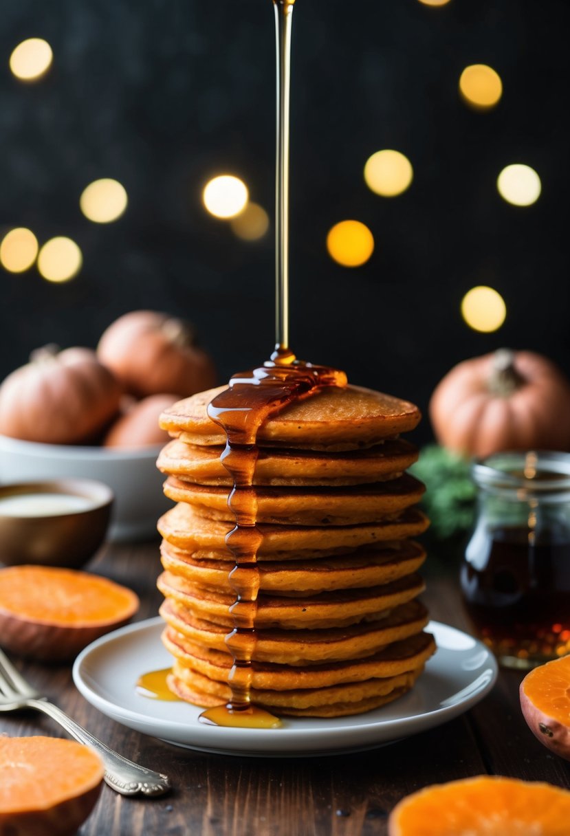 A stack of golden sweet potato pancakes drizzled with maple syrup, surrounded by fresh maple yams and a jar of maple-infused syrup