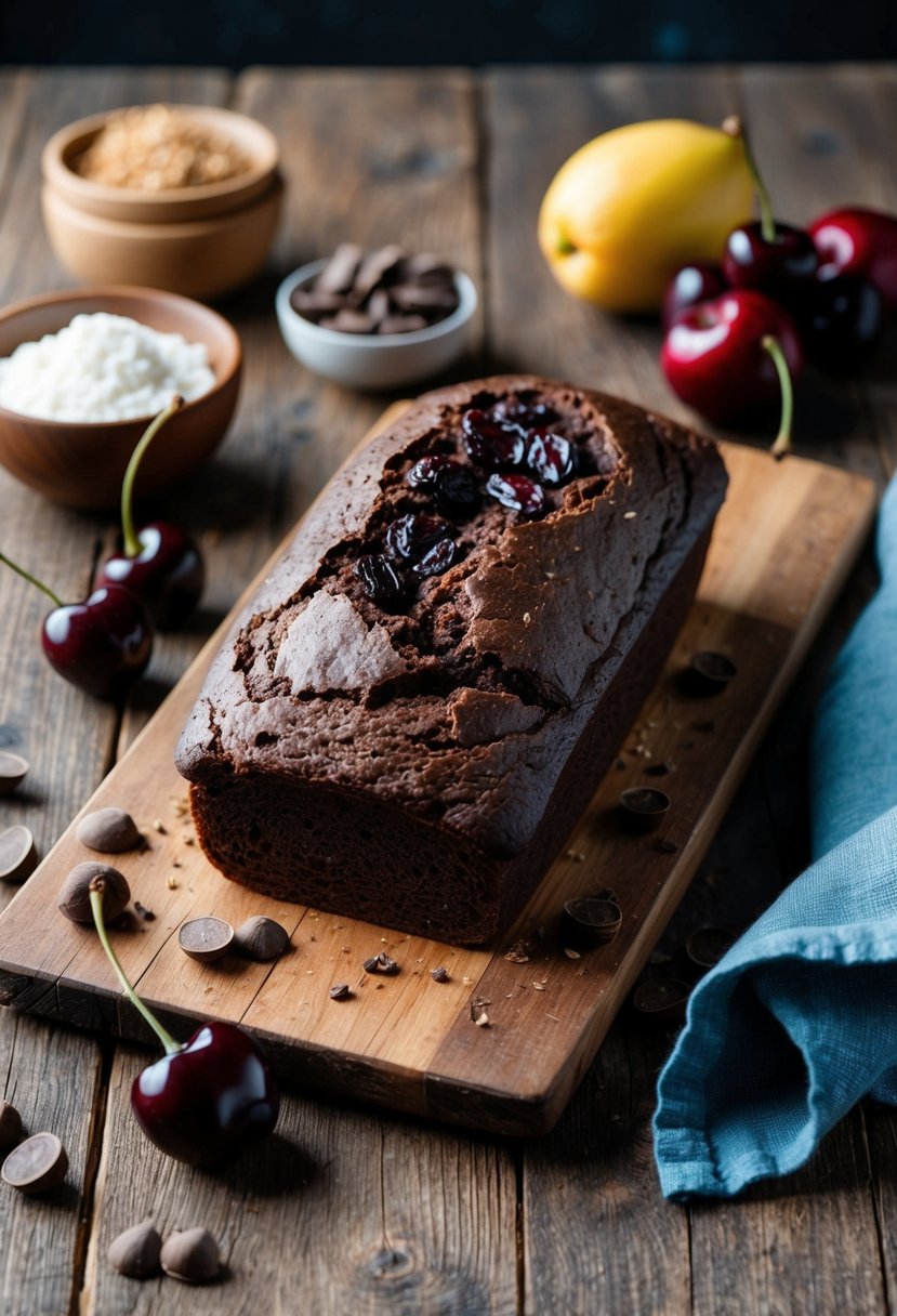 A rustic wooden table holds a loaf of dark chocolate cherry sourdough bread, surrounded by winter fruits and ingredients