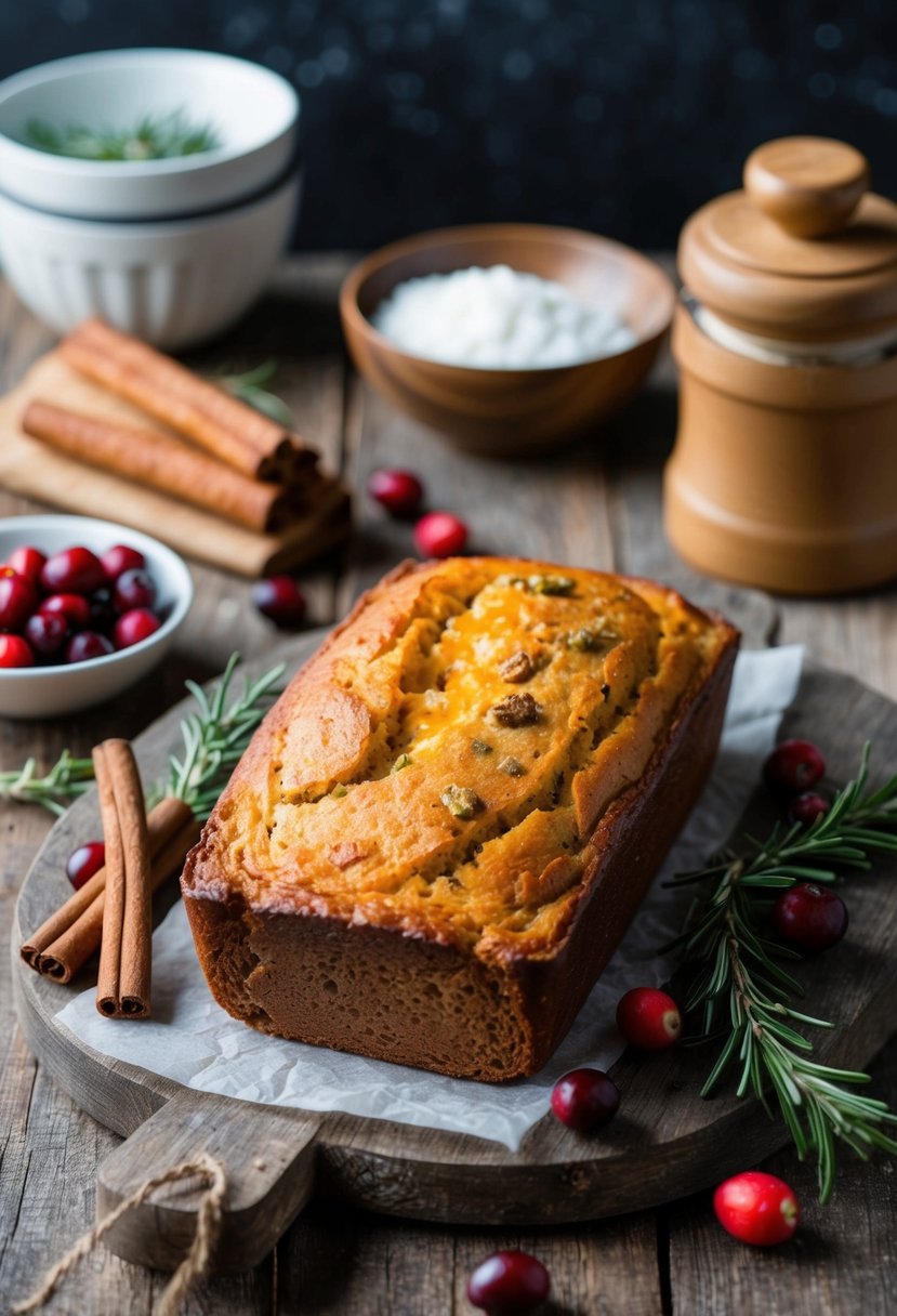 A rustic kitchen table with a freshly baked loaf of jalapeño cheddar sourdough bread, surrounded by winter-themed ingredients like cranberries, rosemary, and cinnamon sticks