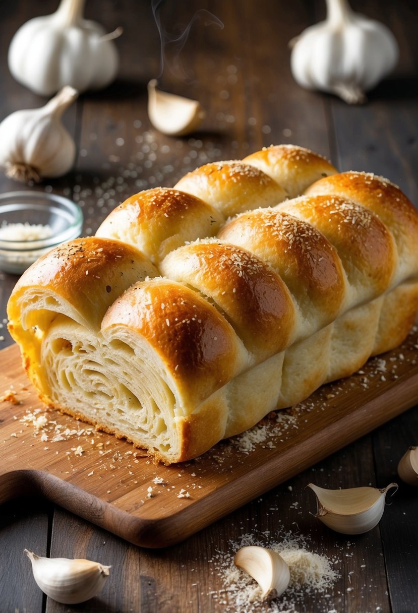 A loaf of garlic parmesan pull-apart bread, golden brown and steaming, sits on a wooden cutting board surrounded by scattered garlic cloves and a sprinkle of grated parmesan cheese