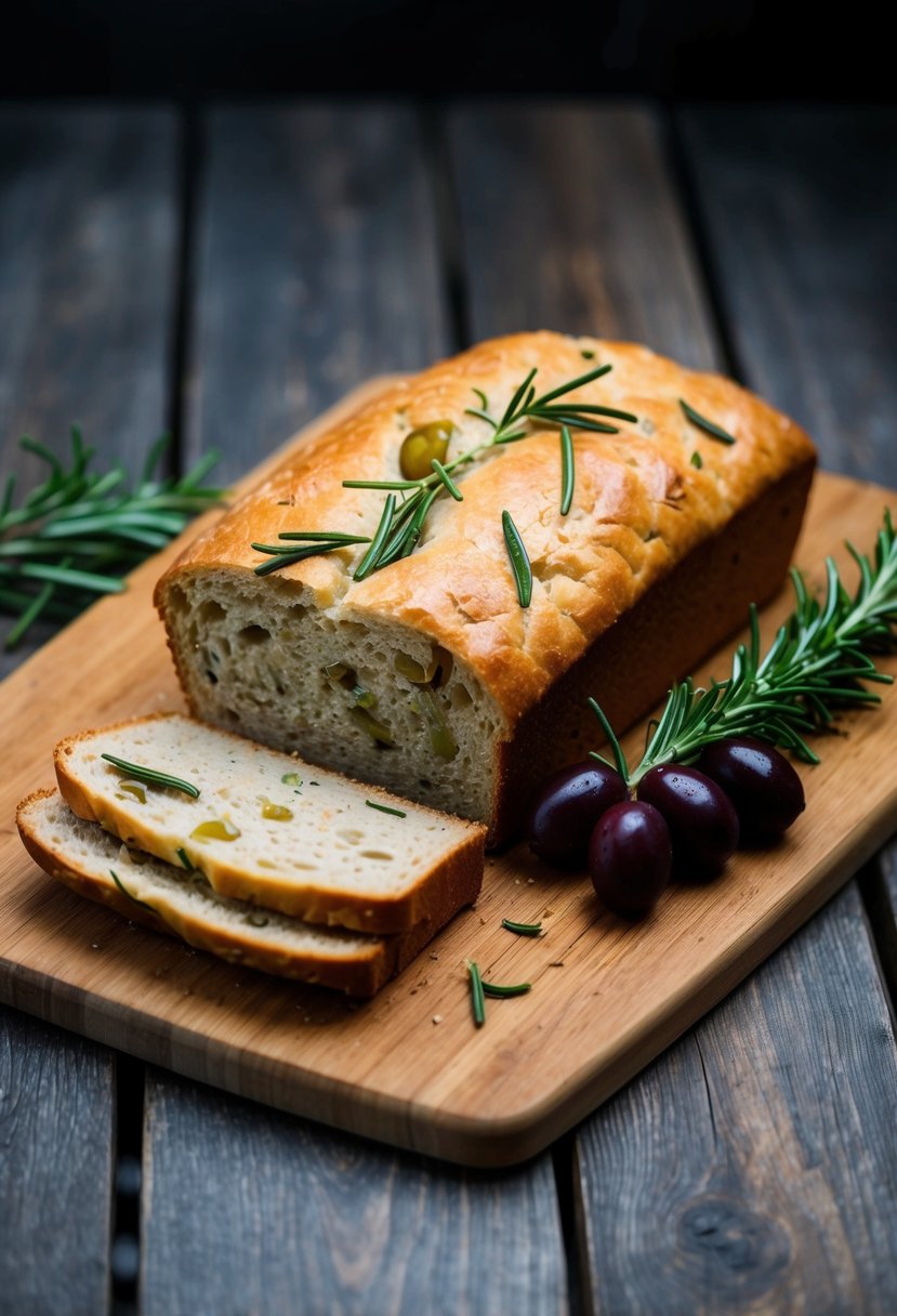 A loaf of rosemary olive bread sits on a wooden cutting board next to a sprig of fresh rosemary and a cluster of ripe olives