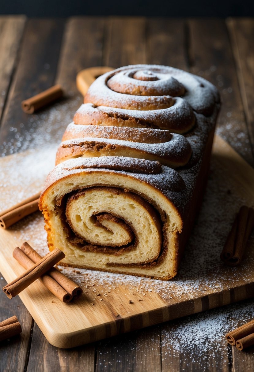 A warm loaf of cinnamon swirl bread sits on a wooden cutting board, surrounded by scattered cinnamon sticks and a dusting of powdered sugar