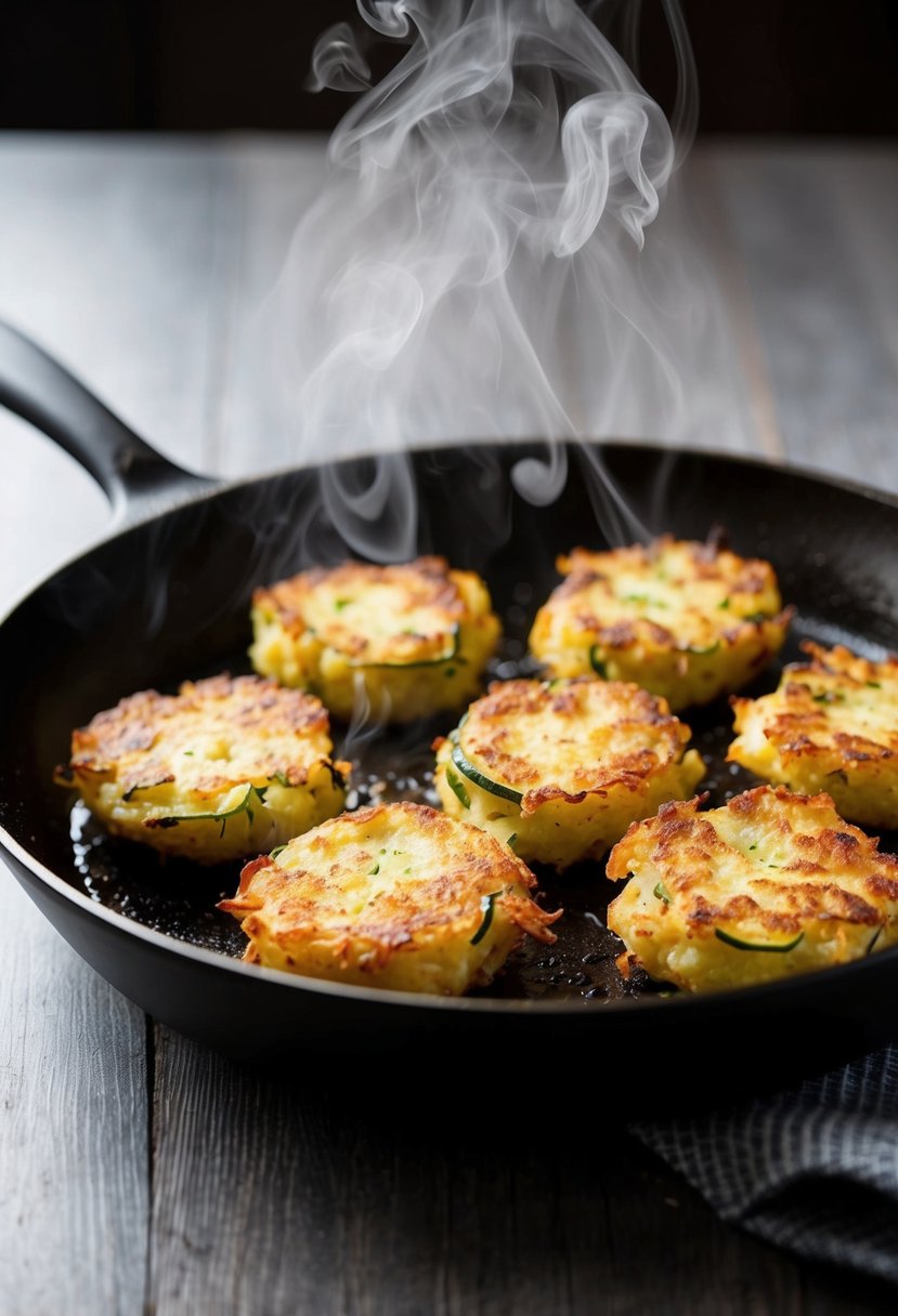 A sizzling skillet with golden brown potato and zucchini fritters, steam rising from their crispy edges