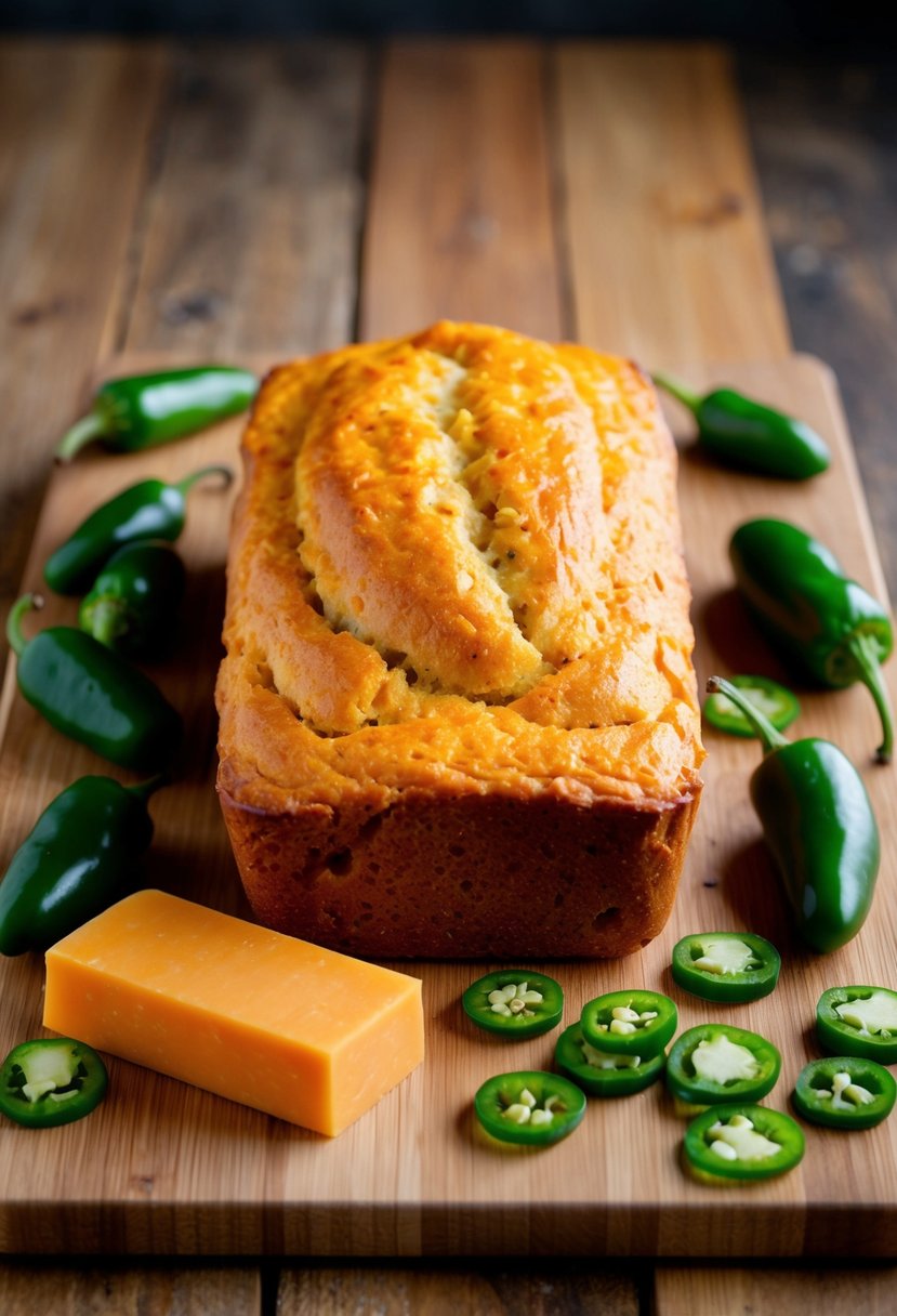 A loaf of Cheddar Jalapeño Bread rises on a wooden cutting board, surrounded by scattered jalapeño peppers and a block of cheddar cheese