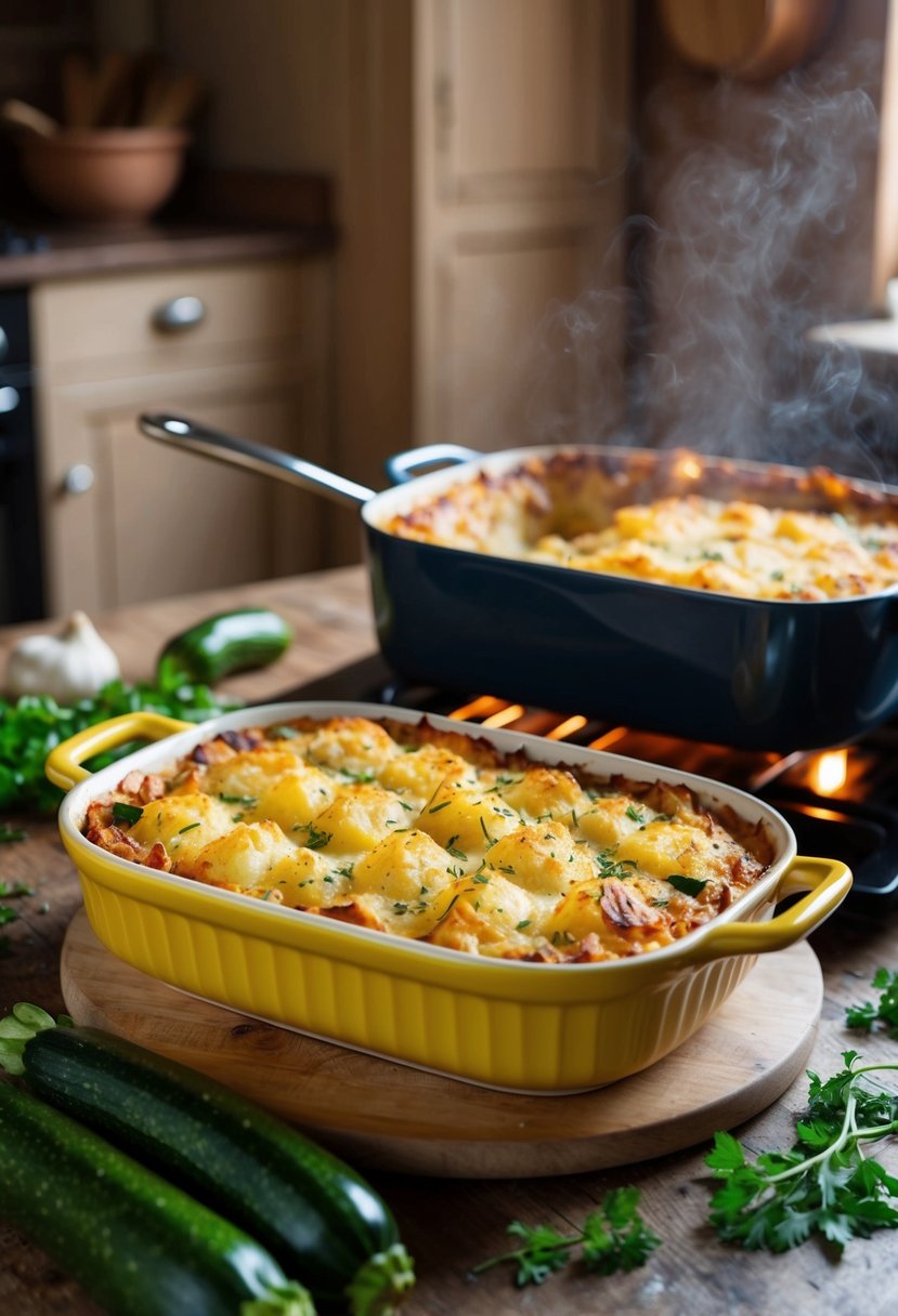 A rustic kitchen table displays a golden-brown zucchini and potato gratin, fresh herbs scattered around. A bubbling dish emerges from the oven, filling the room with a savory aroma