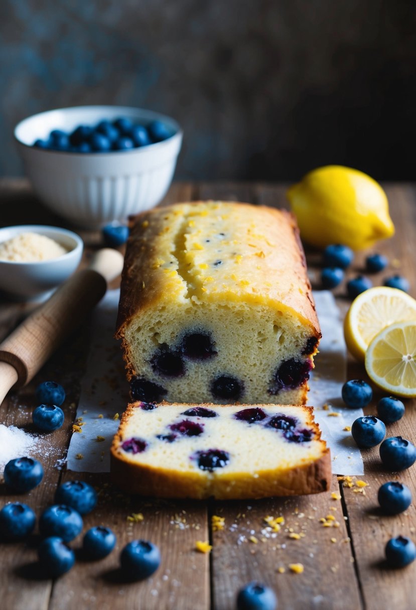 A rustic kitchen table with a freshly baked loaf of Lemon Blueberry Sweet Bread surrounded by scattered ingredients and a rolling pin