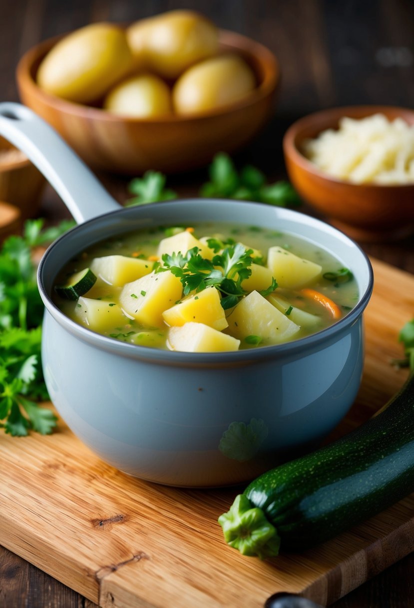 A pot of simmering potato and zucchini soup with fresh ingredients on a wooden cutting board