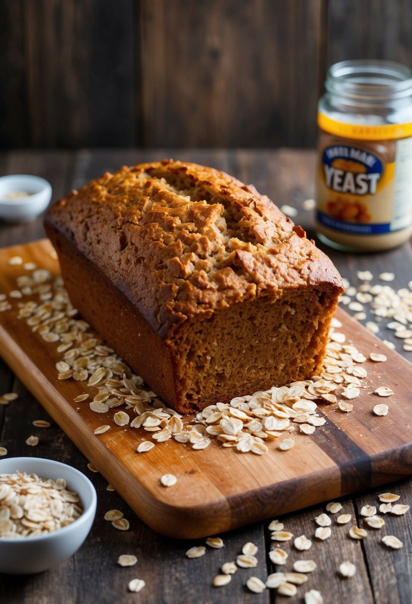 A warm loaf of maple oatmeal bread rising on a wooden cutting board, surrounded by scattered oats and a jar of yeast