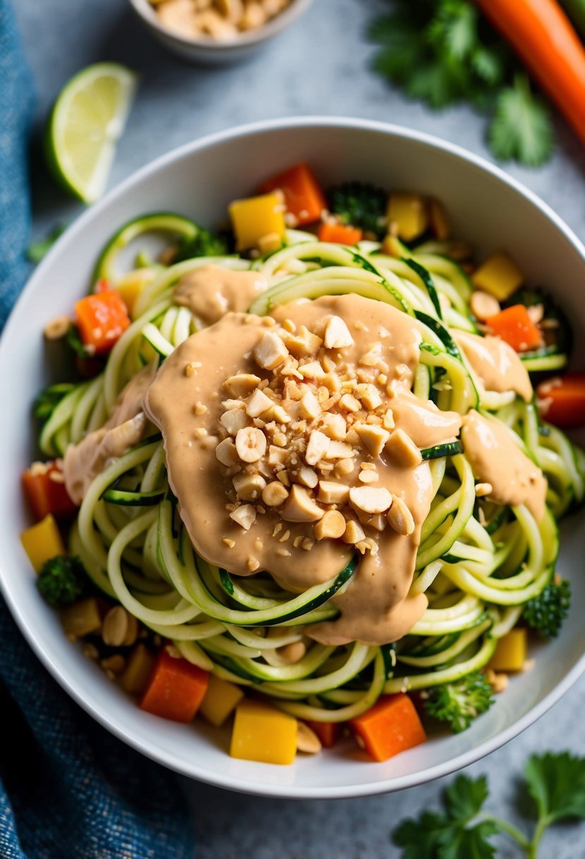 A bowl of zucchini noodles topped with creamy peanut sauce, surrounded by colorful vegetables and garnished with crushed peanuts