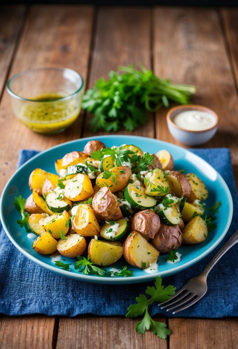 A rustic wooden table topped with a colorful array of roasted potato and zucchini salad, garnished with fresh herbs and drizzled with vinaigrette