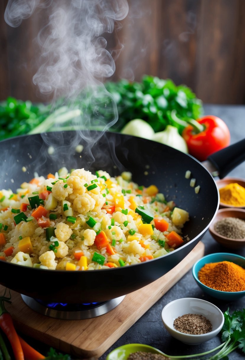 A sizzling wok filled with colorful vegetables and cauliflower rice, steam rising, with a vibrant array of spices and herbs nearby