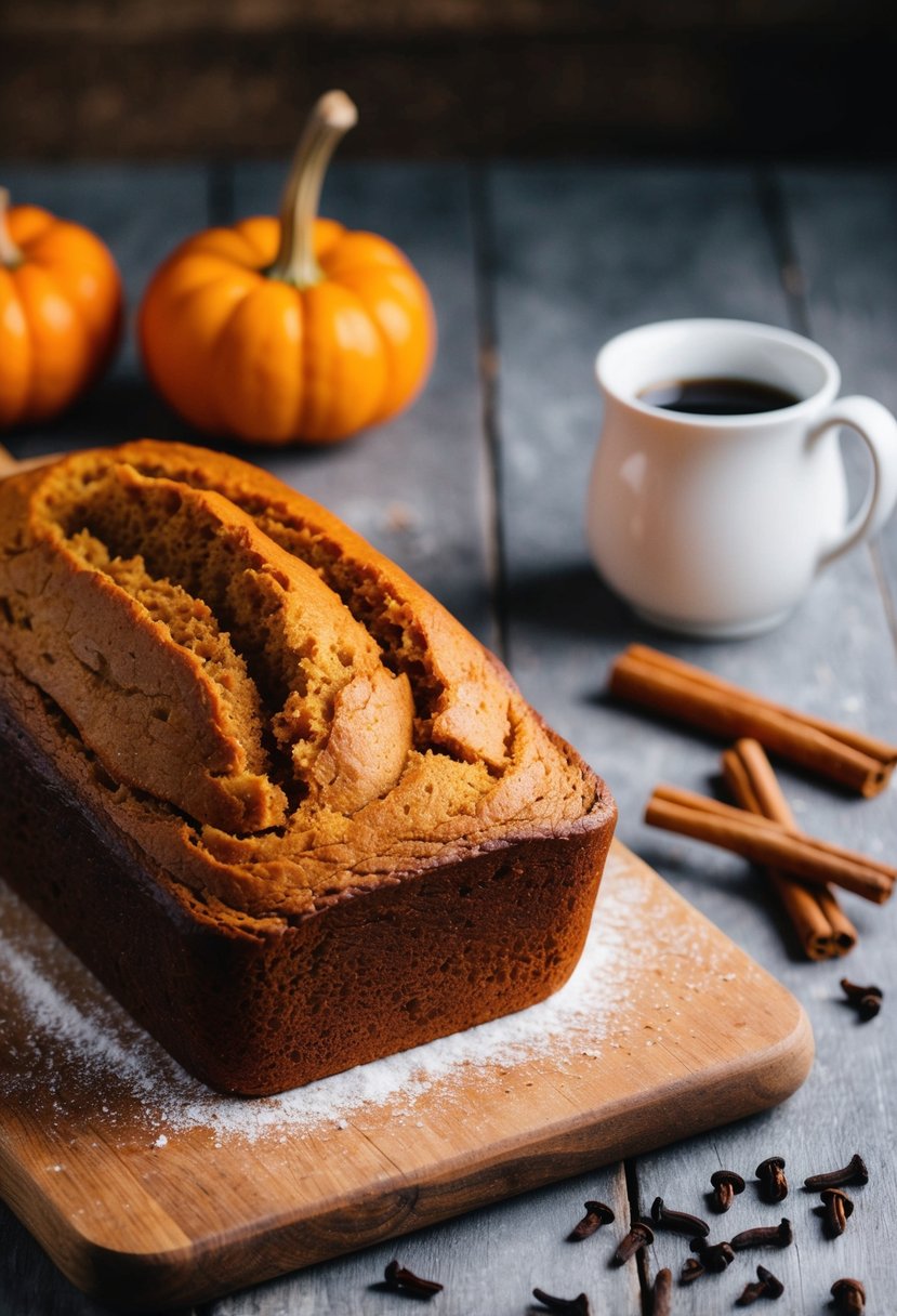 A warm loaf of pumpkin spice bread rising on a floured wooden board beside a scattering of cinnamon sticks and cloves