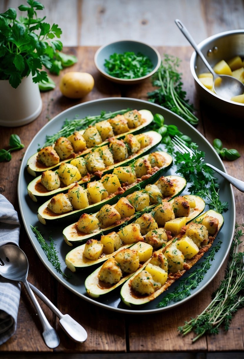 A rustic kitchen table with a platter of stuffed zucchinis and potatoes, surrounded by fresh herbs and cooking utensils