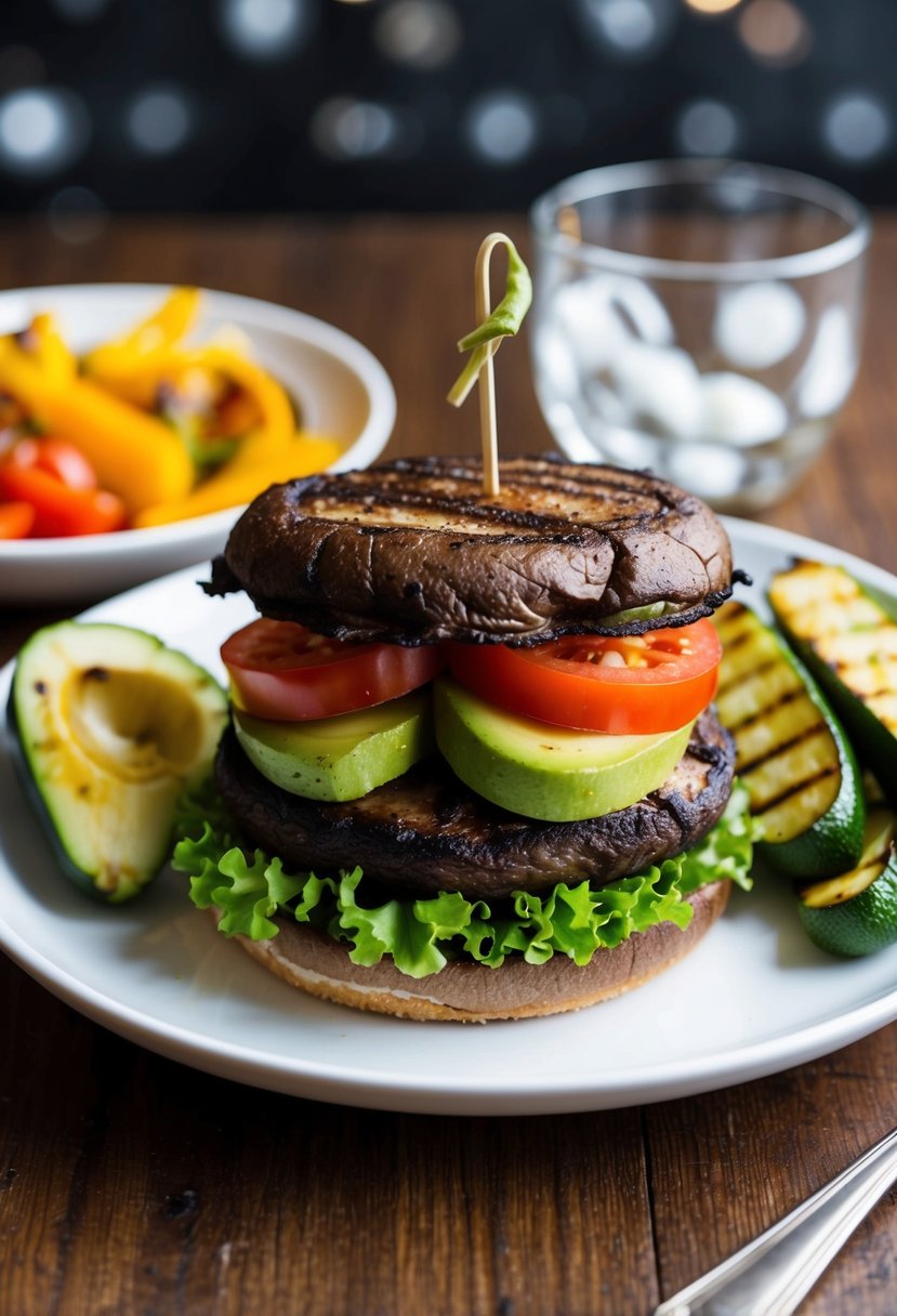 A sizzling portobello mushroom burger with lettuce, tomato, and avocado, served with a side of grilled zucchini and bell peppers