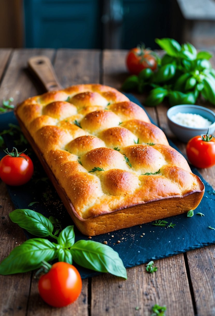 A rustic kitchen table with a freshly baked loaf of Tomato Basil Focaccia bread, surrounded by sprigs of basil and ripe tomatoes