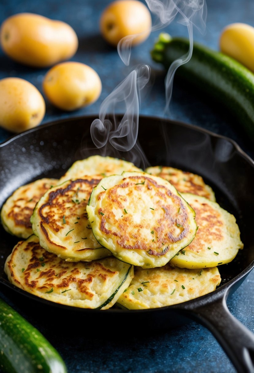 A sizzling skillet holds golden zucchini potato pancakes, steam rising, surrounded by fresh zucchini and potatoes