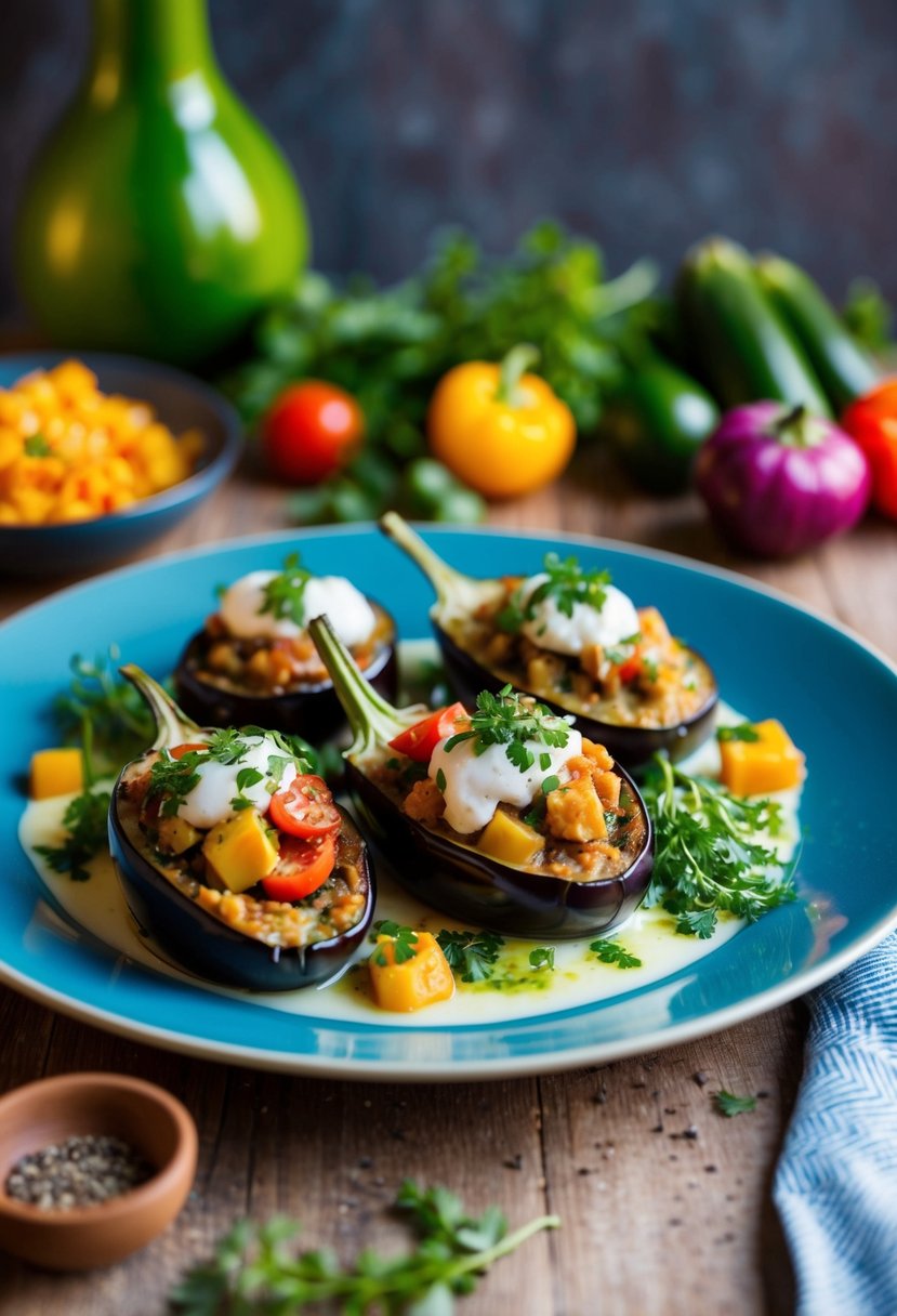 A plate of eggplant involtini with a colorful variety of vegetables and herbs, with a focus on the vibrant colors and textures of the dish