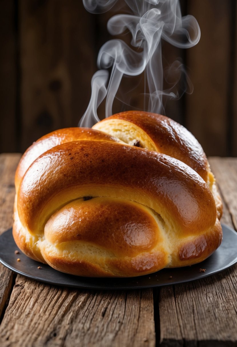 A freshly baked chocolate chip brioche sits on a rustic wooden table, steam rising from its golden, pillowy surface