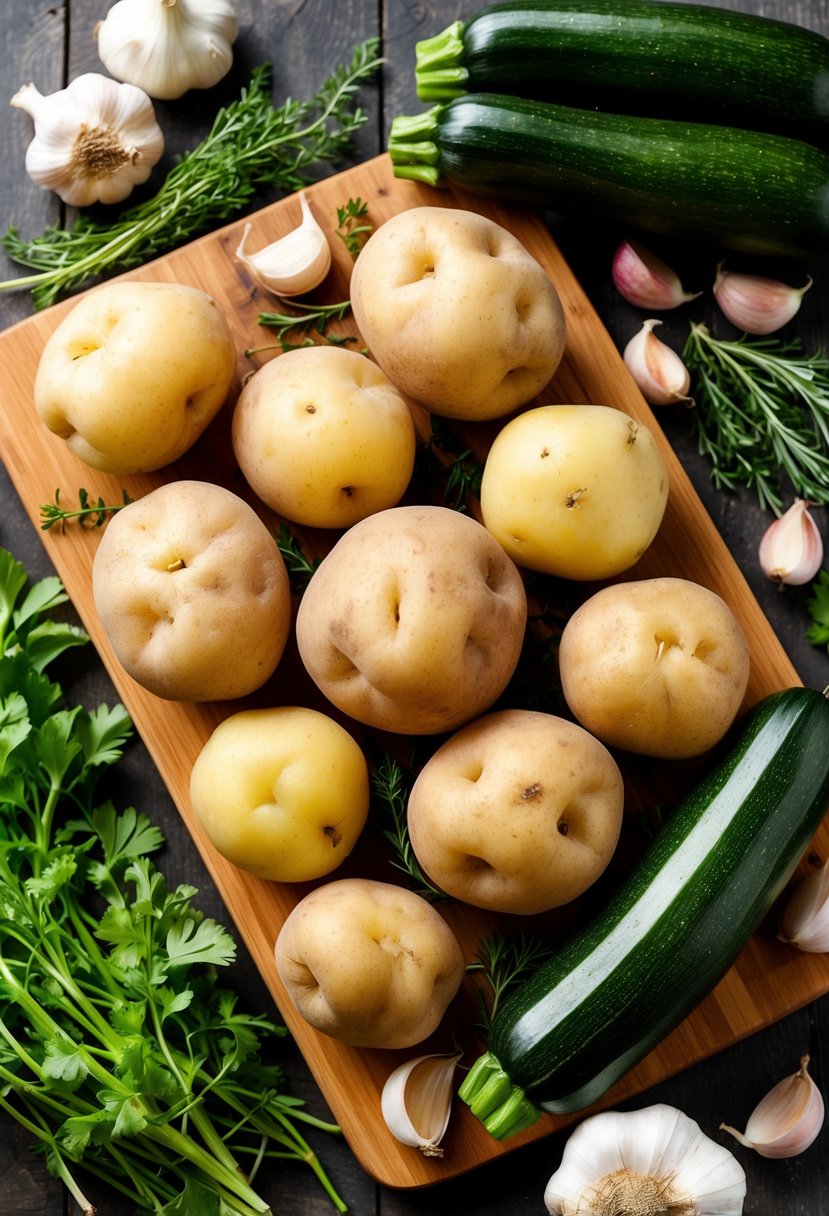 Freshly harvested potatoes and zucchinis arranged on a wooden cutting board, surrounded by garlic cloves and a variety of herbs