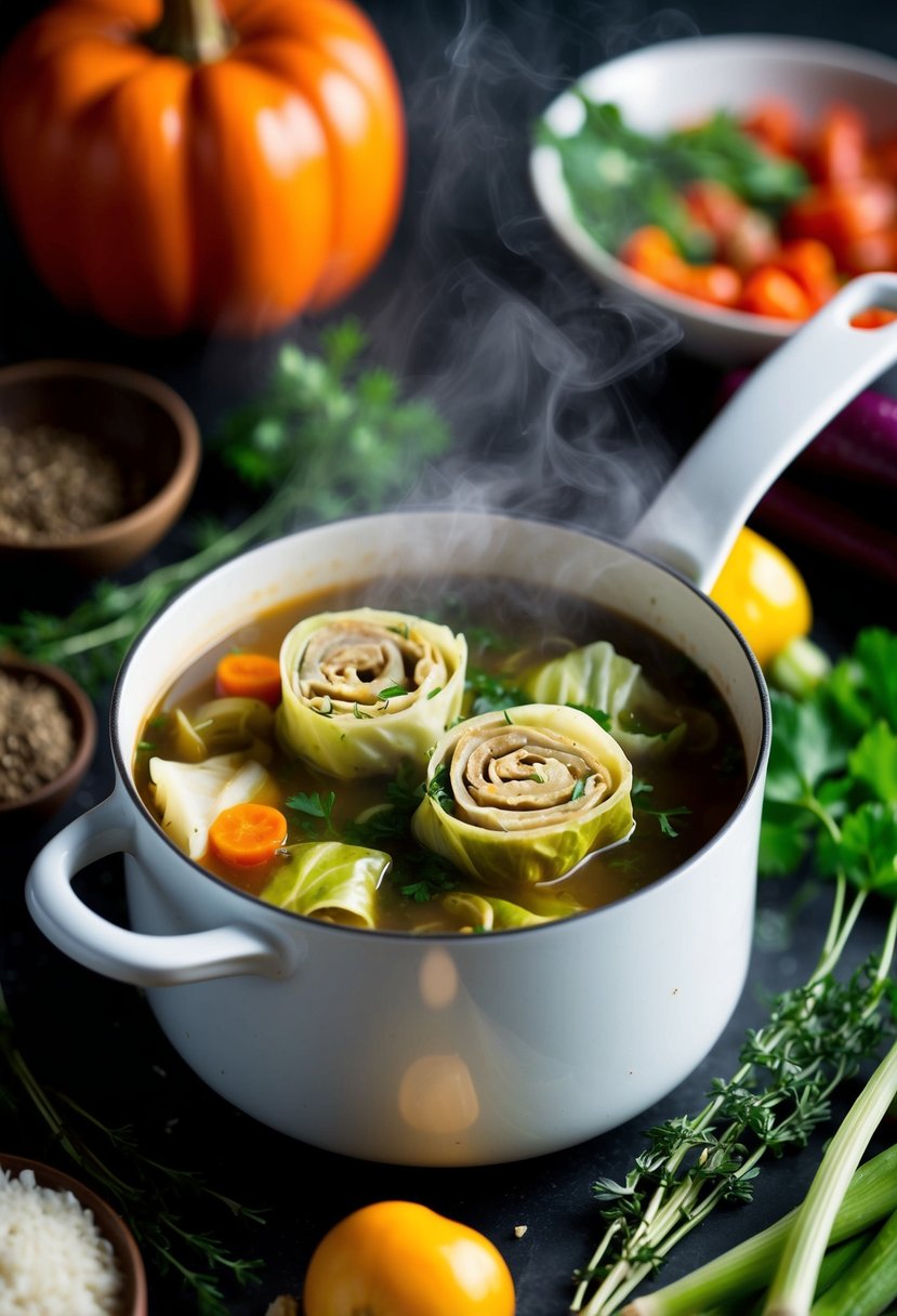 A steaming pot of cabbage roll soup surrounded by fresh vegetables and herbs