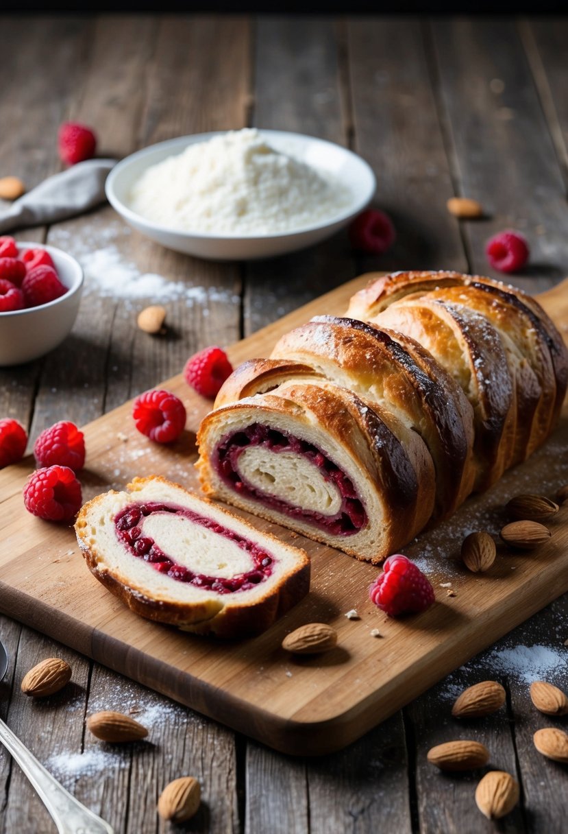 A rustic kitchen table with a freshly baked raspberry almond babka resting on a wooden cutting board, surrounded by scattered ingredients like flour, sugar, and almonds